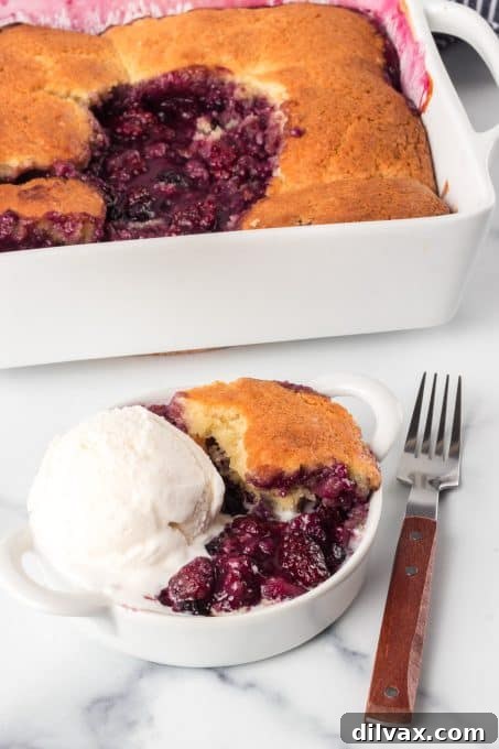 Warm Berry Cobbler served with a scoop of melting vanilla ice cream, ready to eat.