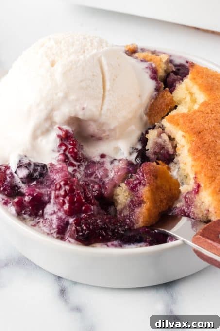 Rustic Berry Bake 9 Close-up of a rustic Berry Cobbler, showcasing the rich berry filling and the tender, golden biscuit topping.