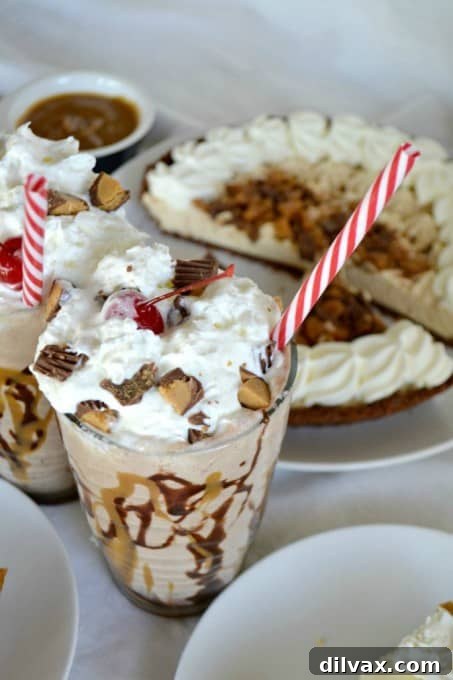 A close-up of the EDWARDS® REESE’S PEANUT BUTTER CUP® Crème Pie Shake, highlighting its creamy texture and delicious toppings.
