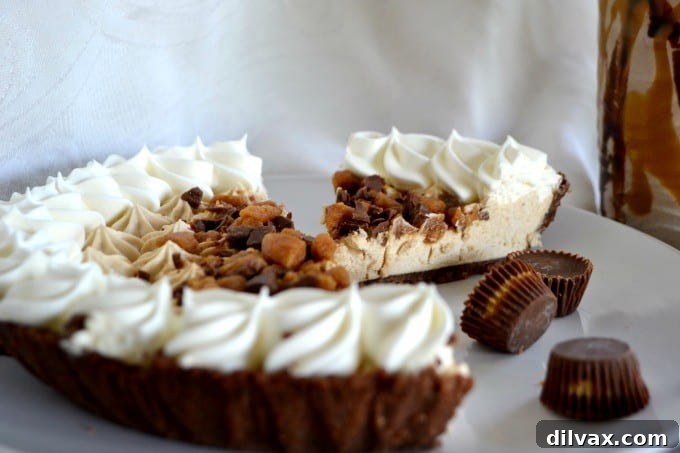 A whole EDWARDS® REESE’S PEANUT BUTTER CUP® Crème Pie, ready to be sliced and enjoyed or transformed into a shake.
