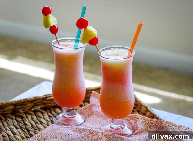 Frozen Bahama Mama on a wicker tray, evoking a tropical vacation vibe.