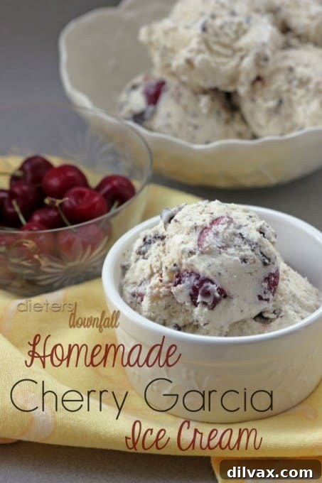Crimson Cherry Frost Bites 3 Dieter's Downfall Cherry Garcia Ice Cream recipe, featuring creamy ice cream with cherries and chocolate