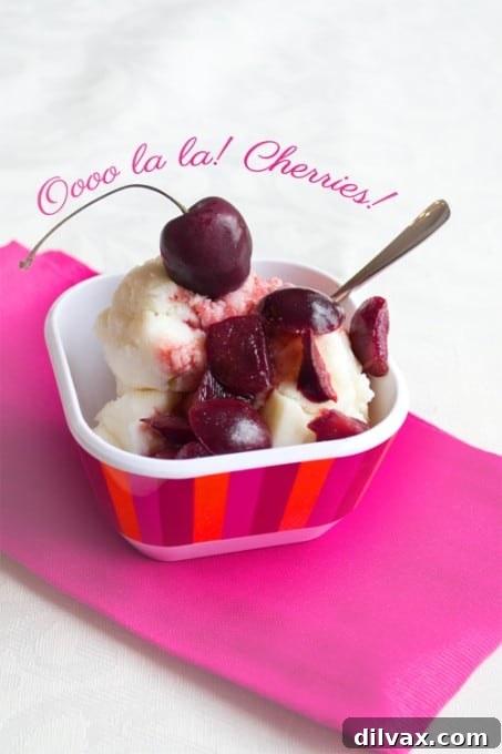 Crimson Cherry Frost Bites 11 Cook the Story Ice Cream Sundae with Roasted Cherry Wine Sauce, an elegant and flavorful dessert