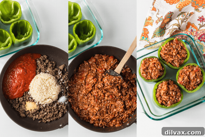 Process shots for stuffed Green Peppers.