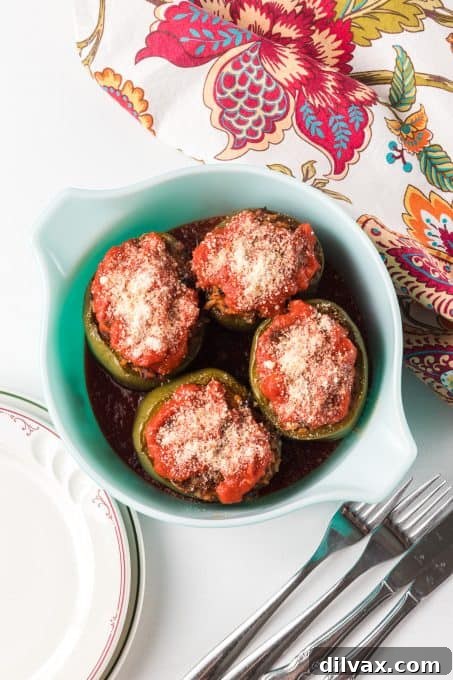 Peppers stuffed with ground beef and rice.