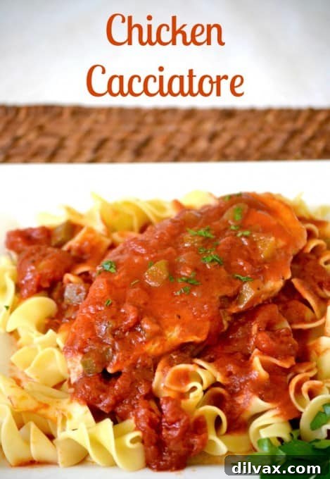 A delicious and easy Chicken Cacciatore skillet meal, ideal for a weeknight dinner and versatile enough to be served with pasta, noodles, or rice.