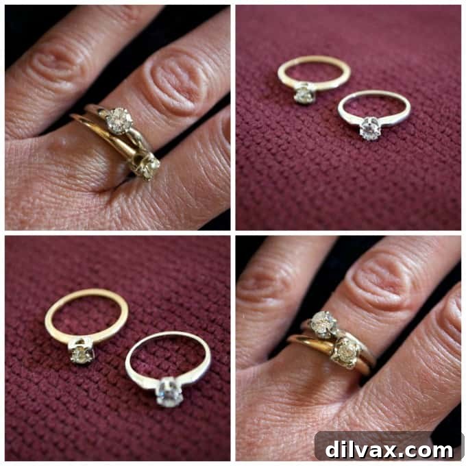 Collage of vintage wedding rings belonging to a mother and grandmother, showcasing their original designs before stone resetting.