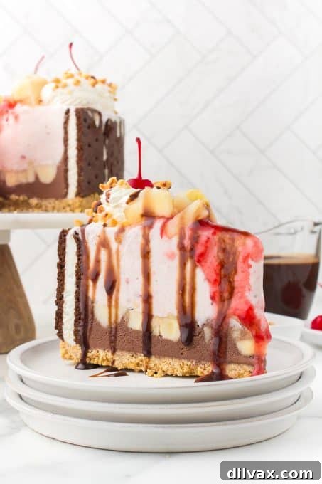 Close-up of a slice of Banana Split Ice Cream Cake