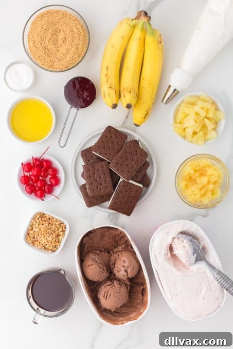 Ingredients for Banana Split Ice Cream Cake laid out