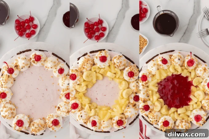 Decorating the Banana Split Ice Cream Cake