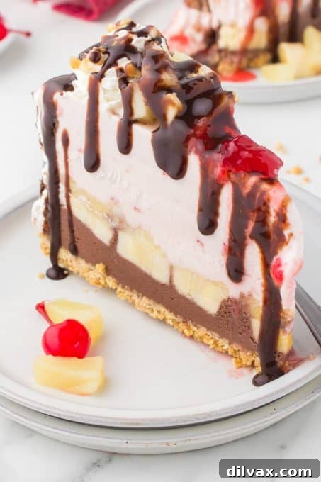 A delectable slice of Banana Split Ice Cream Cake