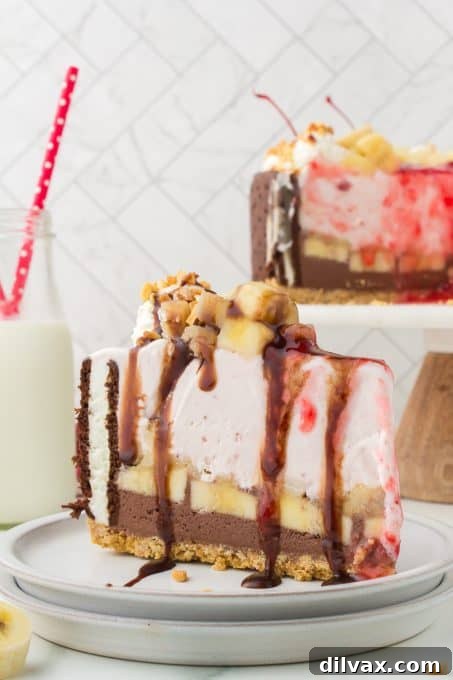 An entire Banana Split Ice Cream Cake, a festive summer dessert