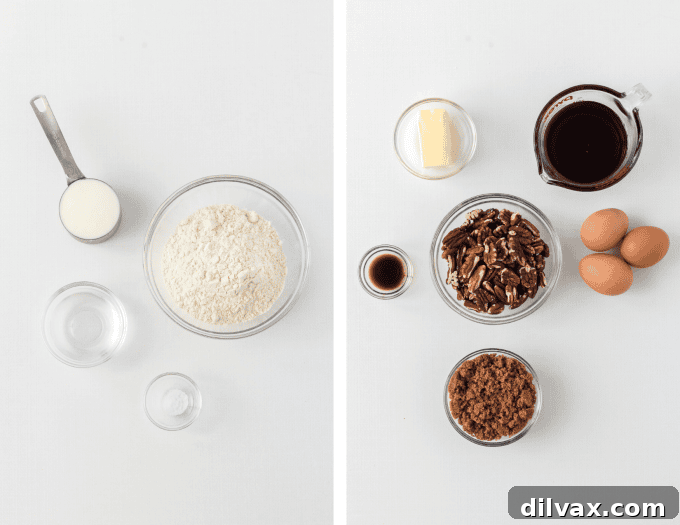 Perfect Pecan Pie 4 Ingredients laid out for Pecan Pie filling.