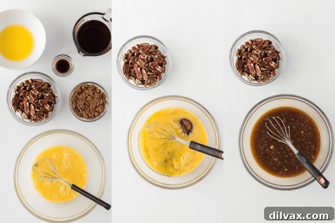 Perfect Pecan Pie 7 First set of set of Pecan Pie filling process photos, showing ingredients being mixed.