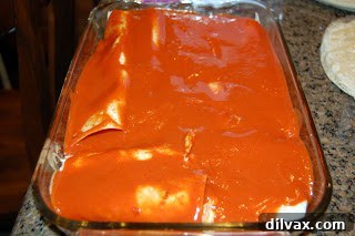 Enchiladas covered in red sauce in a baking dish