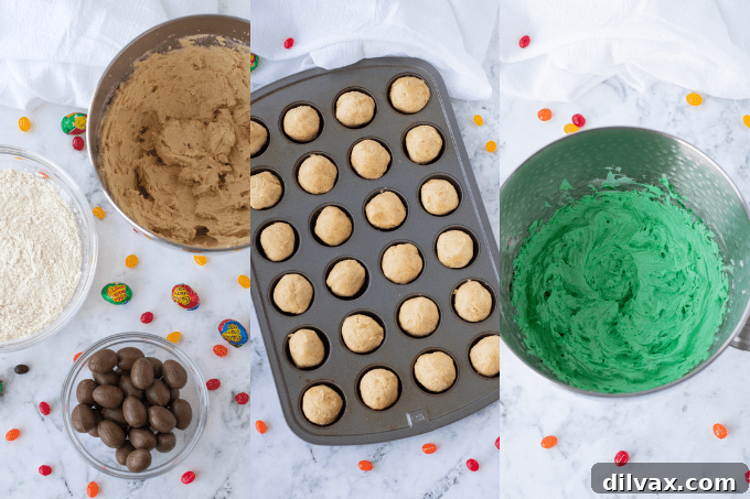 Process shots for making Easter Egg Hunt Surprise Cookies, showing dough wrapping around eggs.