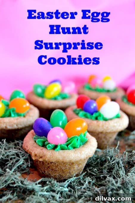 Cookies decorated with green frosting, jelly beans, and a hidden Mini Cadbury Creme Egg. The perfect Easter treat!