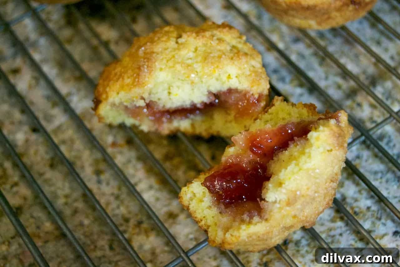 A freshly baked Orange Ricotta Muffin with a golden top and visible strawberry jam filling, ready to be enjoyed.