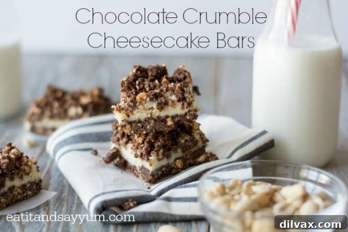 Close-up of a sliced Chocolate Crumble Cheesecake Bar, showcasing the thick, creamy cheesecake layer and the crunchy chocolate crust.