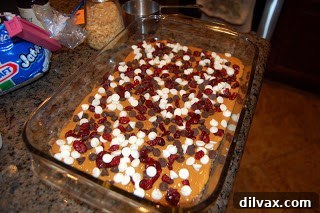 Adding layers of white chocolate chips, semi-sweet chocolate chips, and Craisins.