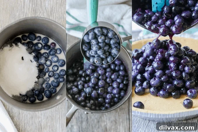 Effortless Blueberry Delight 6 Visual steps illustrating the process of preparing the blueberry filling on the stovetop for the no-bake pie
