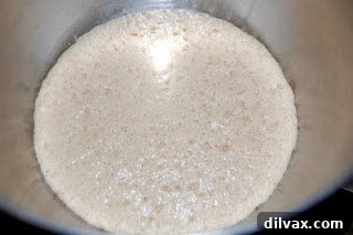 Yeast, sugar, and water mixture after 10 minutes, showing it has frothed up and activated.