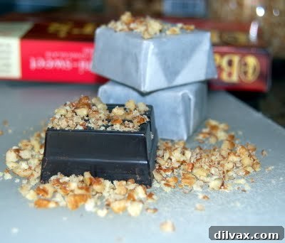 Closeup of chocolate pecan wafers, highlighting their thinness and crispy texture