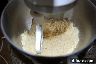 Sweet Pignoli Perfection 2 Mixing almond paste and sugars in an electric mixer to create coarse crumbs.