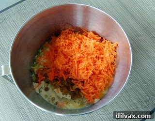 Mixing ingredients for carrot and raisin bread in a bowl