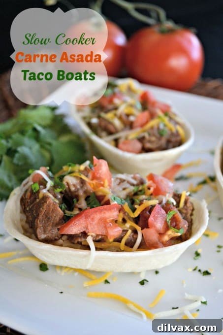 Tender slow cooker carne asada ready for taco boats.