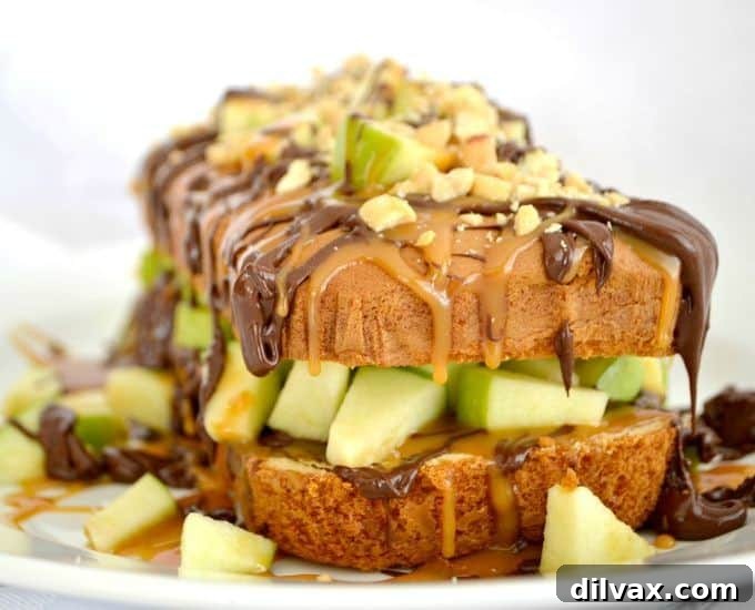A Sara Lee pound cake, chopped Granny Smith apple, salted caramel, melted chocolate and peanuts make this an easy and delicious dessert.
