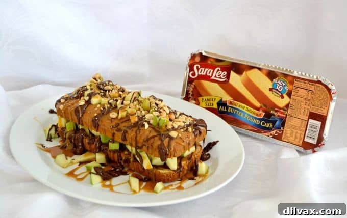 A Sara Lee pound cake, chopped Granny Smith apple, salted caramel, melted chocolate and peanuts make this an easy and delicious dessert.