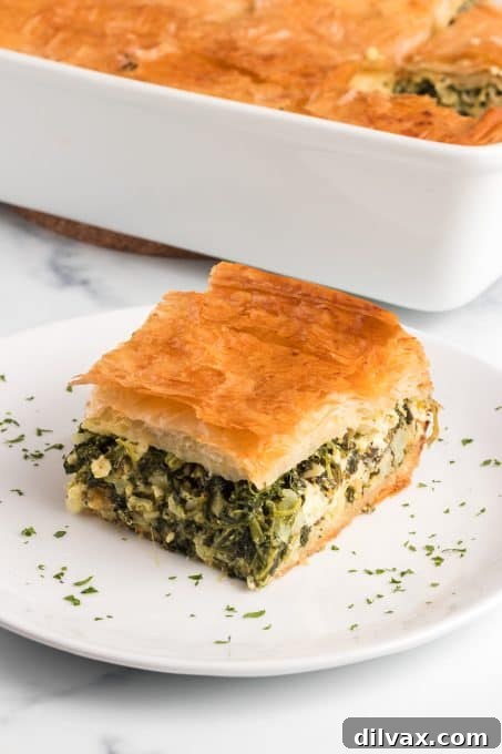 A freshly baked, golden, and inviting slice of Greek spinach pie (Spanakopita), perfectly cut and ready to be served and savored.