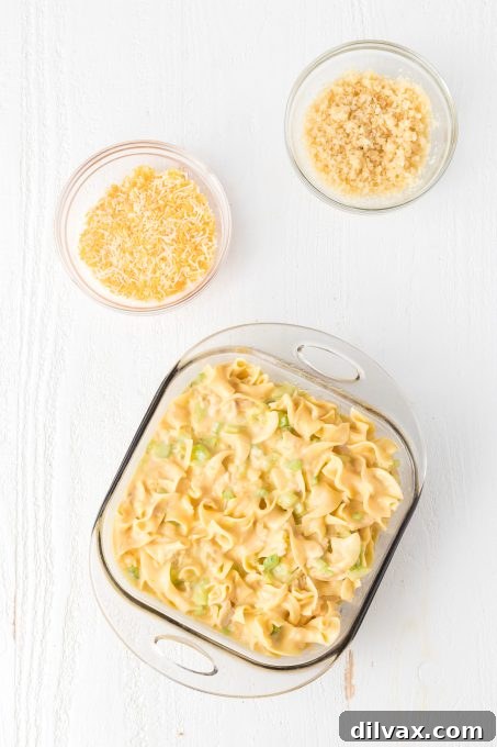 A tuna casserole ready for the oven.