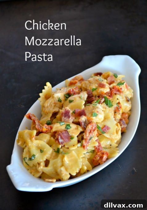 Detailed close-up of Farfalle pasta with seasoned chicken, sundried tomatoes, and bacon in a creamy mozzarella sauce, showing the luscious texture of the sauce and the perfectly cooked ingredients.