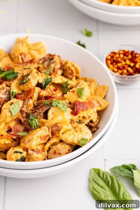 Close-up shot of creamy pasta dinner with chunks of chicken, sun-dried tomatoes, and bacon bits in a rich white sauce, ready to be served.