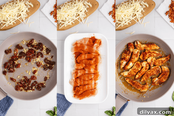 First stage of cooking Chicken Mozzarella Pasta: minced garlic and chopped sun-dried tomatoes sautéing in a skillet, followed by seasoned chicken tenders browning in the pan.