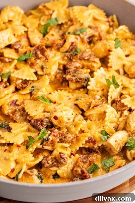 Close-up of bow tie pasta with sun-dried tomatoes and chicken tenders in a creamy cheese sauce, ready to be eaten.