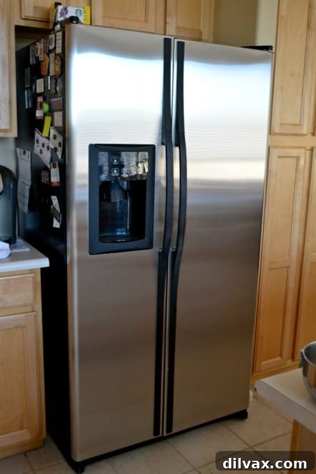 Open GE refrigerator, slightly low on groceries, hinting at need for shopping