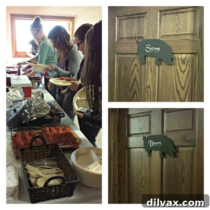 Crafting Porks Future A National Board Expedition 12 Collage featuring a delicious home-cooked pork lunch, including ham balls, grilled chops, and pork burgers, served by the Brenneman family.