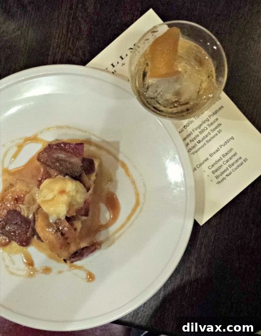 Crafting Porks Future A National Board Expedition 6 Innovative Bread Pudding with bruléed banana, candied bacon, and bacon fat caramel.