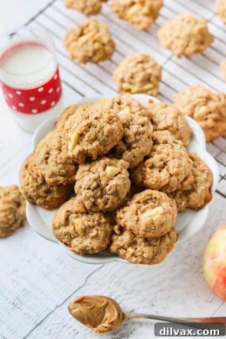 Homestyle Apple Peanut Butter Oat Treats 3 Close-up of a stack of freshly baked Apple Peanut Butter Oatmeal Cookies
