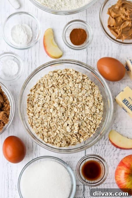 Homestyle Apple Peanut Butter Oat Treats 4 Collection of fresh ingredients for baking apple peanut butter oatmeal cookies