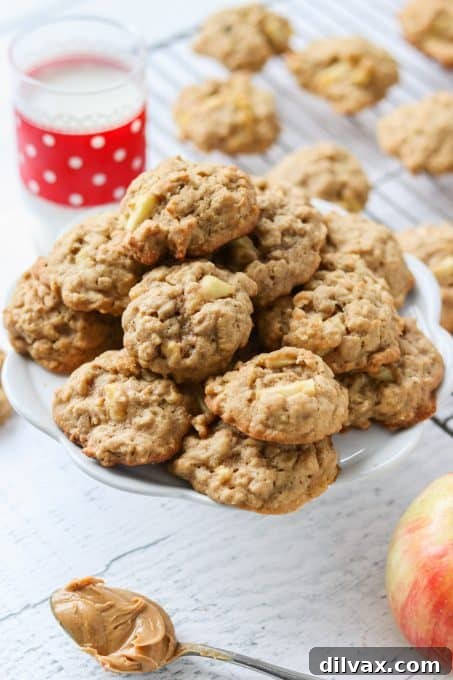 Homestyle Apple Peanut Butter Oat Treats 8 Close-up of a plate of Apple Peanut Butter Oatmeal Cookies
