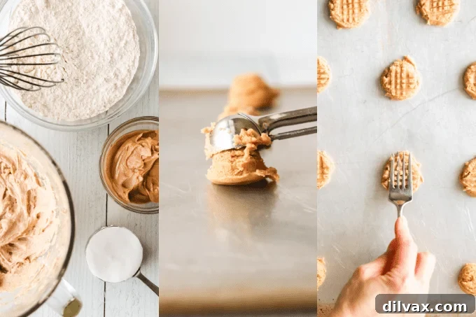 Irresistible Peanut Butter Bites 5 Process collage showing steps to make classic peanut butter cookies.