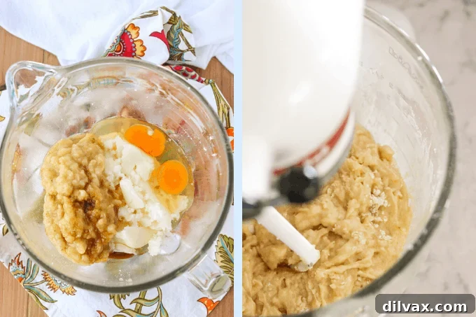 Golden Banana Cake with Velvety Cream Cheese Frosting 4 Assorted ingredients for banana cake on a wooden surface, including bananas, flour, eggs, and butter.