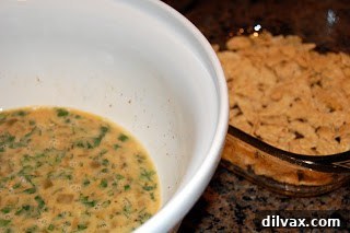 Day 21 Chile Cheese Casserole Delight 4 A baking dish with a layer of crushed tortilla chips at the bottom, and a separate bowl showing the final egg and cheese mixture.