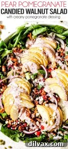 25 Irresistible Thanksgiving Creations 7 A vibrant pear pomegranate candied walnut salad with a delicious dressing, perfect for a holiday feast.