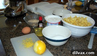 Preparation image for Breakfast Kugel recipe, showing ingredients laid out neatly on a countertop.