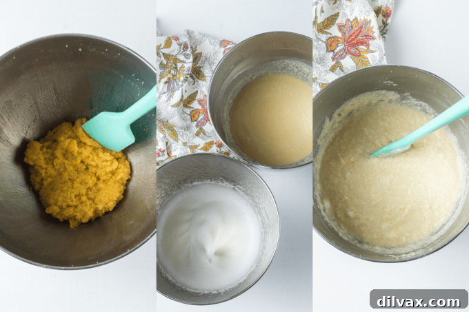 Step-by-step images showing the mixing process for Lemon Pudding Cake batter.